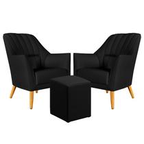 Kit 2 Poltronas Estofada Orion Bordada com Puff Izar Couro Preto Aradecor Kit 2 Poltronas Estofada Orion Bordada com Puff Izar Couro Preto Aradecor