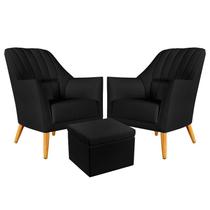 Kit 2 Poltronas Estofada Orion Bordada com Puff Quasar Couro Preto Aradecor