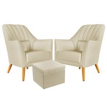 Kit 2 Poltronas Estofada Orion Bordada com Puff Quasar Sued Bege Aradecor