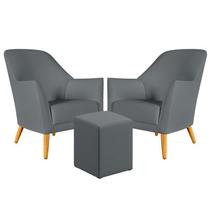 Kit 2 Poltronas Estofada Orion com Puff Izar Sued Cinza Aradecor