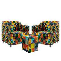 Kit 2 Poltronas Estofada Para Sala De Estar Alya E Puff Izar Sued Estampado Colorido Aradecor