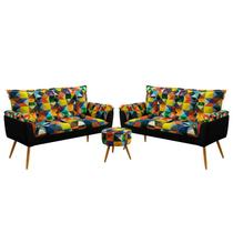 Kit 2 Poltronas Estofadas Namoradeira Beta com Puff Solar Sued Estampado Colorido com Preto Aradecor