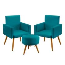 Kit 2 Poltronas Estofadas Nina Com Puff Solar Sued Azul Turquesa Aradecor