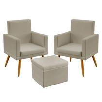 Kit 2 Poltronas Estofadas Nina Rodapé e Puff Quasar Couro Bege Aradecor Kit 2 Poltronas Estofadas Nina Rodapé e Puff Quasar Couro Bege Aradecor