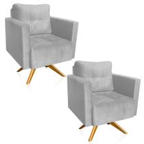 Kit 2 Poltronas Giratória Livia Suede Cinza Base De Madeira Ma30 - D'rossi
