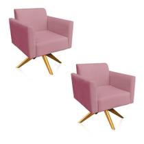 Kit 2 Poltronas Giratória Marisa Suede Rose Base Madeira