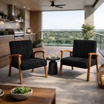 Kit 2 Poltronas Haley Decorativa Linho Sala Estar Área Gourmet Varanda Madeira Maciça cor:preto