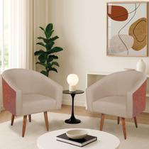 Kit 2 Poltronas Jade Decorativa Moderna Sala de Estar Quarto Escritório Conforto Corano Nozes e Linho Pés Palito