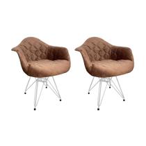 Kit 2 Poltronas Jantar Eames Eiffel Estofadas Caramelo Base Ferro Branco