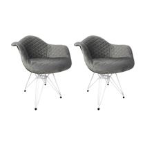 Kit 2 Poltronas Jantar Eames Eiffel Estofadas Cinza Base Ferro Branco