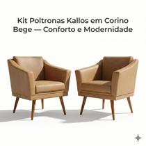 Kit 2 Poltronas Kallos material sintético Bege Decorativas Sala Luxo Kit 2 Poltronas Kallos material sintético Bege Decorativas Sala Luxo
