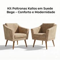 Kit 2 Poltronas Kallos Suede Bege Decorativas Sala Luxo
