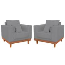 Kit 2 Poltronas Linho Resistentes Base Madeira + Almofadas