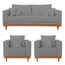 Kit 2 Poltronas Living + Sofá 2 Lugares Base Madeira Linho Kit 2 Poltronas Living + Sofá 2 Lugares Base Madeira Linho