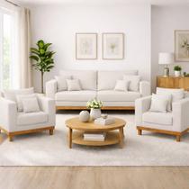 Kit 2 Poltronas Living + Sofá 2 Lugares Base Madeira Linho Kit 2 Poltronas Living + Sofá 2 Lugares Base Madeira Linho