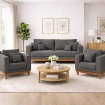 Kit 2 Poltronas Living + Sofá 2 Lugares Base Madeira Suede Kit 2 Poltronas Living + Sofá 2 Lugares Base Madeira Suede