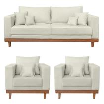 Kit 2 Poltronas Living + Sofá 2 Lugares Base Madeira Suede Bege Kit 2 Poltronas Living + Sofá 2 Lugares Base Madeira Suede Bege