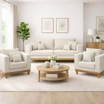 Kit 2 Poltronas Living + Sofá 2 Lugares com Base Madeira Suede Kit 2 Poltronas Living + Sofá 2 Lugares com Base Madeira Suede