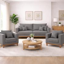 Kit 2 Poltronas Living + Sofá 3 Lugares com Base Madeira Linho