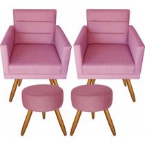 Kit 2 Poltronas Luxo Decorativas Nina E 2 Puffs Suede Rose