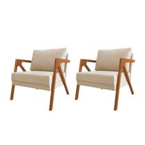 Kit 2 Poltronas Mona Luxo Base Madeira Maciça Linho Bege
