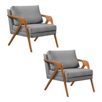 Kit 2 Poltronas Mona Luxo Base Madeira Maciça Veludo Cinza
