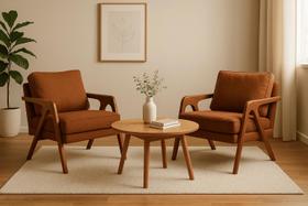 Kit 2 Poltronas Mona Luxo Madeira Maciça Linho Terracota para Sala de Estar Decorativa Moderna