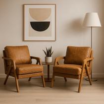Kit 2 Poltronas Mona Luxo Madeira Maciça material sintético Caramelo para Sala de Estar Decorativa Moderna