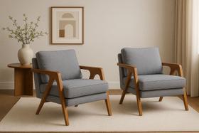 Kit 2 Poltronas Mona Luxo Madeira Maciça Veludo Cinza para Sala de Estar Decorativa Moderna