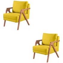 Kit 2 Poltronas Mona Madeira Maciça Suede Amarelo Kimi Design