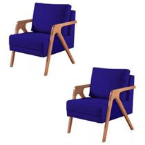 Kit 2 Poltronas Mona Madeira Maciça Suede Azul Marinho Kimi Design