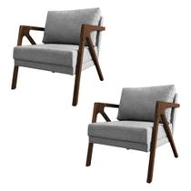 Kit 2 Poltronas Mona Monique Luxo Base Madeira Maciça Mel Linho Cinza