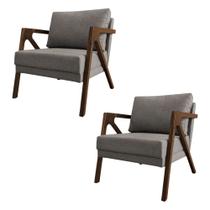 Kit 2 Poltronas Mona Monique Luxo Base Madeira Maciça Mel Linho Grafite