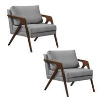 Kit 2 Poltronas Mona Monique Luxo Base Madeira Maciça Mel Veludo Cinza
