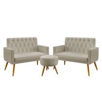 Kit 2 Poltronas Namoradeira Estofadas Nina Rodapé e Capitonê com Puff Solar Bege Aradecor