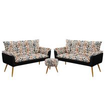 Kit 2 Poltronas Namoradeira Opala com Puff Solar Suede Estampado Laranja com Preto Aradecor