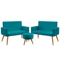 Kit 2 Poltronas Namoradeira Para Sala de Estar Nina e Puff Solar Sued Azul Turquesa Aradecor
