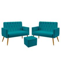 Kit 2 Poltronas Namoradeira Para Sala de Estar Nina Rodapé e Capitonê com Puff Quasar Sued Azul Turquesa Aradecor