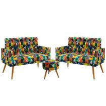 Kit 2 Poltronas Namoradeira Para Sala de Estar Nina Rodapé e Capitonê com Puff Solar Sued Estampado Colorido Aradecor Kit 2 Poltronas Namoradeira Para Sala de Estar Nina Rodapé e Capitonê com Puff Solar Sued Estampado Colorido Aradecor