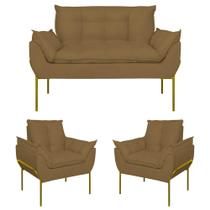 Kit 2 Poltronas + Namoradeira Pé Metal Dourado Recepção Sala
