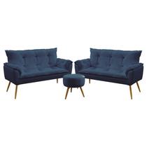 Kit 2 Poltronas Namoradeiras Decorativas Estofadas para Sala de Estar Beta e Puff Solar Sued Azul Ma