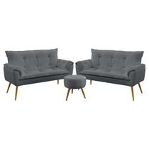 Kit 2 Poltronas Namoradeiras Decorativas Estofadas para Sala de Estar Beta e Puff Solar Sued Cinza A