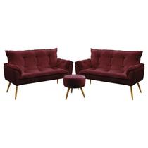 Kit 2 Poltronas Namoradeiras Decorativas Estofadas Para Sala De Estar Opala e Puff Solar Sued Bordô Aradecor