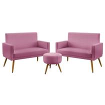 Kit 2 Poltronas Namoradeiras Decorativas Estofadas Para Sala De Estar Vega Com Rodapé e Puff Solar Sued Rosê Aradecor