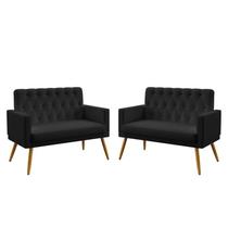 Kit 2 Poltronas Namoradeiras Decorativas Estofadas Vega Com Rodapé E Botões Capitonê Couro Preto Aradecor