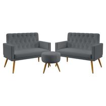 Kit 2 Poltronas Namoradeiras Decorativas Estofadas Vega Com Rodapé E Botões Puff Solar Capitonê Sued Cinza Aradecor