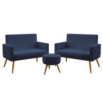 Kit 2 Poltronas Namoradeiras Decorativas Nina Com Rodapé Puff Solar Sued Azul Marinho Aradecor