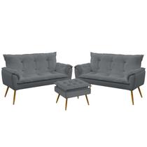 Kit 2 Poltronas Namoradeiras Decorativas Opala e Puff Lunar Sued Cinza Aradecor