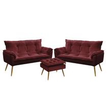 Kit 2 Poltronas Namoradeiras Decorativas Opala e Puff Lunar Suede Bordô Aradecor