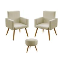 Kit 2 Poltronas Nina Com Puff Solar Para Sala de Estar Sued Bege Aradecor